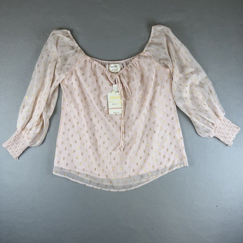 WAYF Dede x Emily Blouse Womens L Blush Gold Metallic Off Shoulder Top NWT